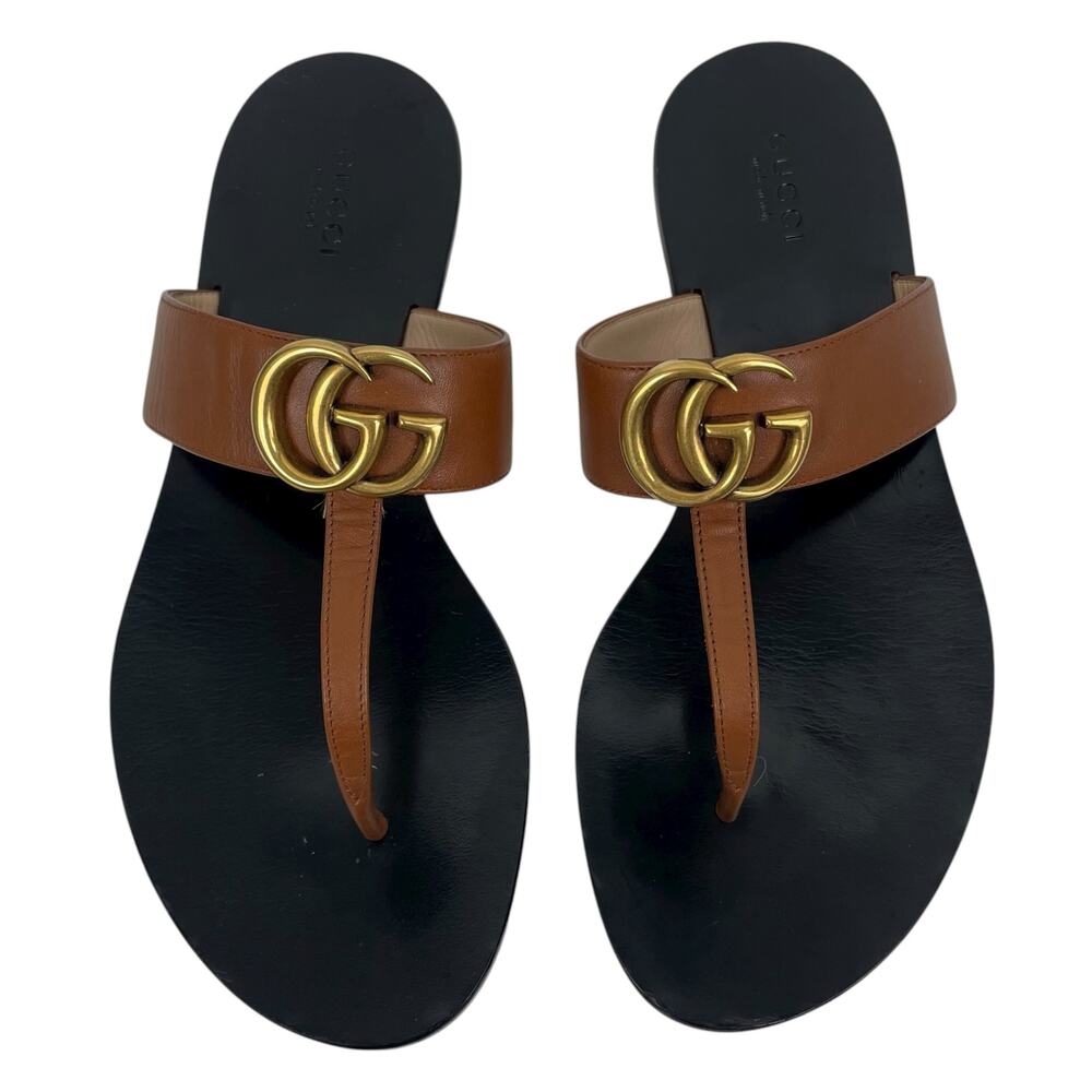 Gucci Leather Thong Sandals Gold Double G Logo Orange Brown Size 37 - Picture 3 of 11